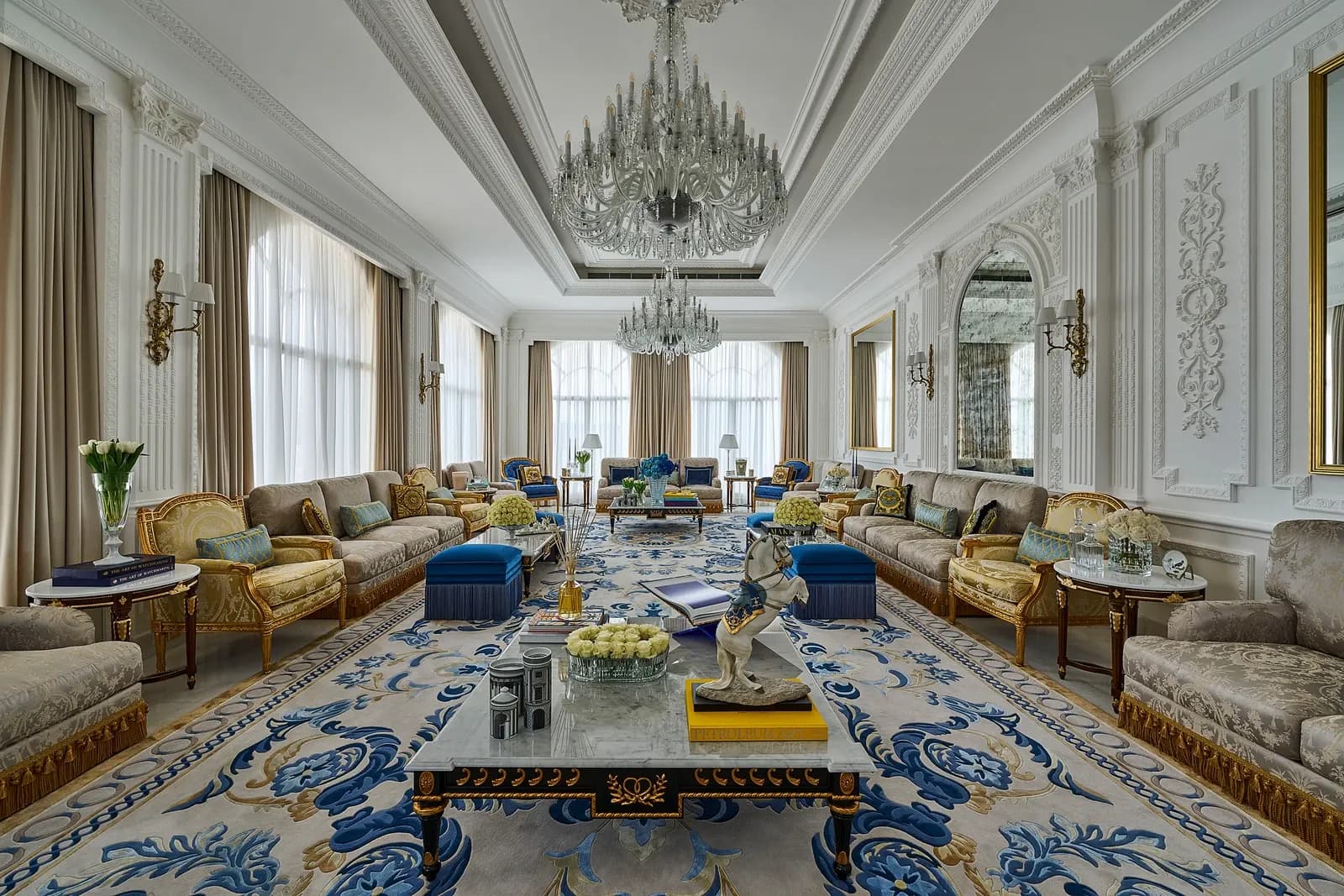 EVA Interiors — Grand majlis with Baccarat chandeliers and custom Italian furniture